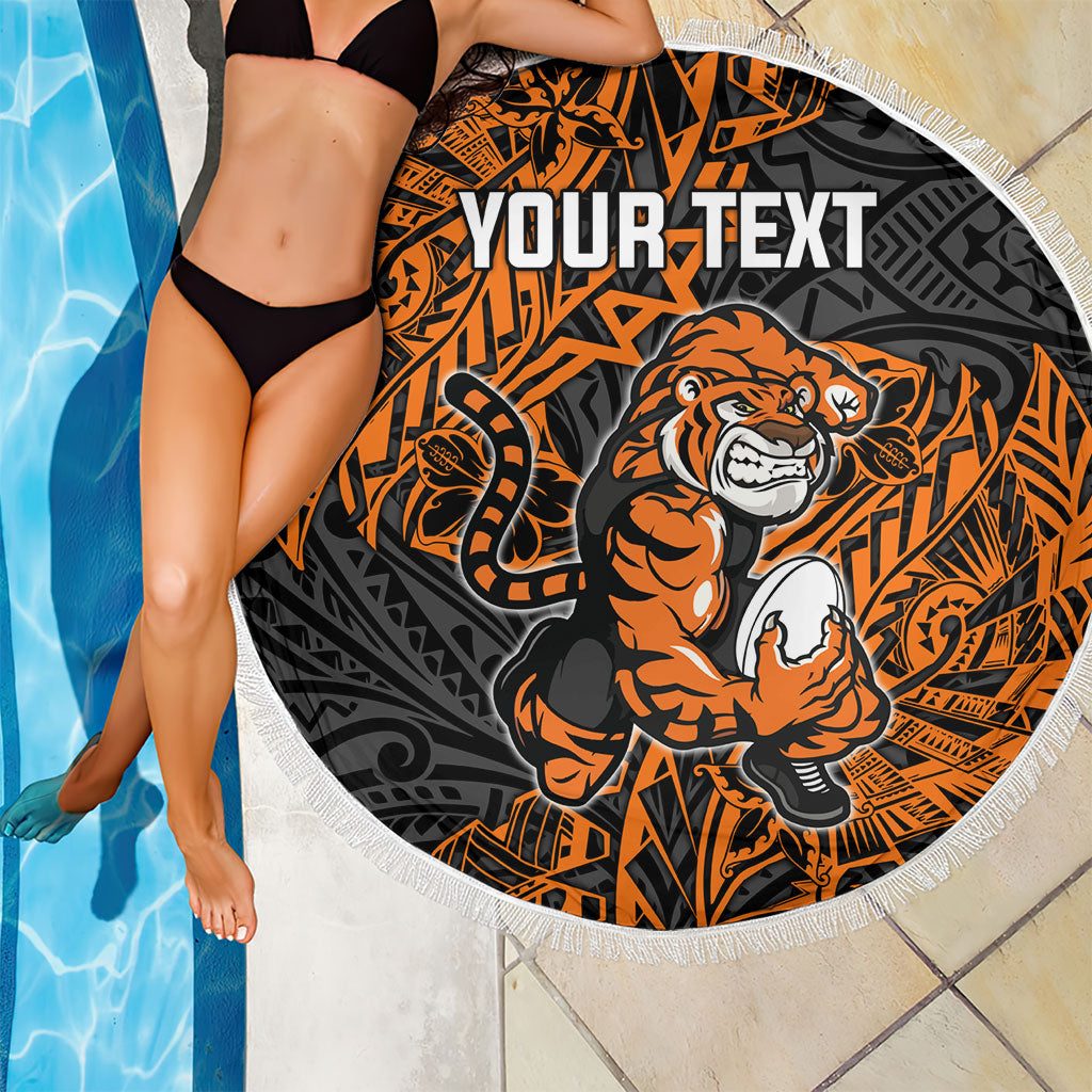 Personalized Wests Tigers Rugby Beach Blanket Polynesian Tribal Tiger Warrior - Orange Black Art