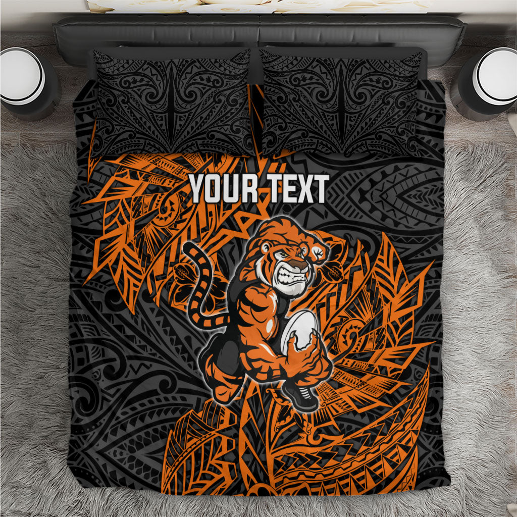 Personalized Wests Tigers Rugby Bedding Set Polynesian Tribal Tiger Warrior - Orange Black Art