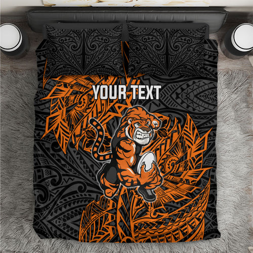 Personalized Wests Tigers Rugby Bedding Set Polynesian Tribal Tiger Warrior - Orange Black Art