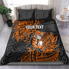 Personalized Wests Tigers Rugby Bedding Set Polynesian Tribal Tiger Warrior - Orange Black Art
