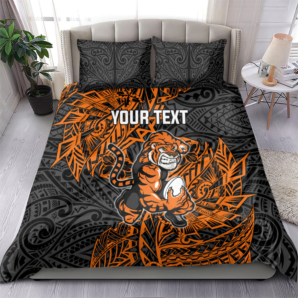 Personalized Wests Tigers Rugby Bedding Set Polynesian Tribal Tiger Warrior - Orange Black Art