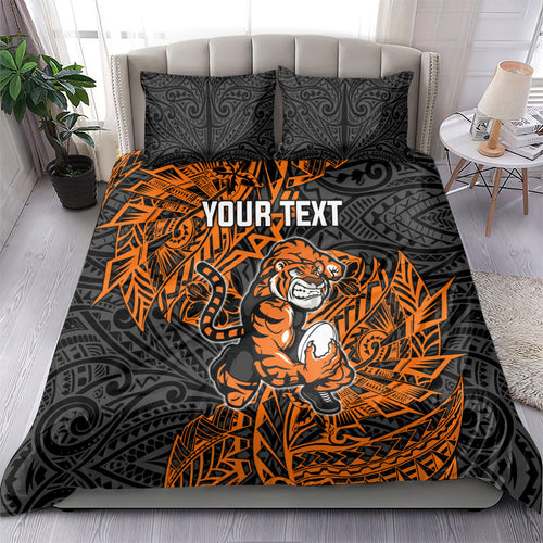 Personalized Wests Tigers Rugby Bedding Set Polynesian Tribal Tiger Warrior - Orange Black Art