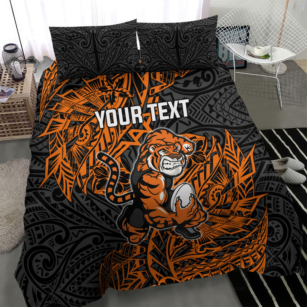 Personalized Wests Tigers Rugby Bedding Set Polynesian Tribal Tiger Warrior - Orange Black Art