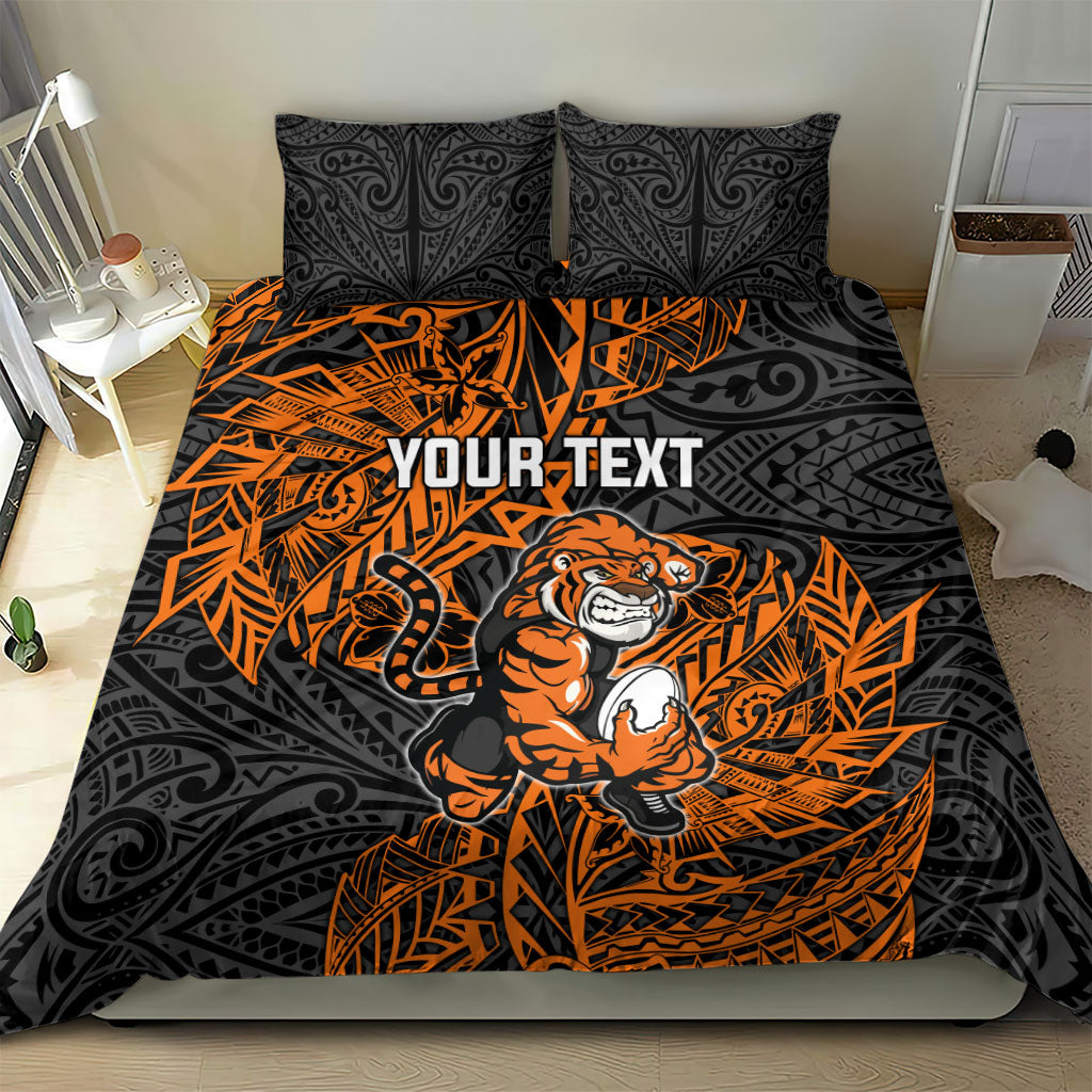 Personalized Wests Tigers Rugby Bedding Set Polynesian Tribal Tiger Warrior - Orange Black Art