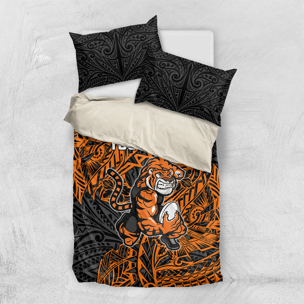 Personalized Wests Tigers Rugby Bedding Set Polynesian Tribal Tiger Warrior - Orange Black Art