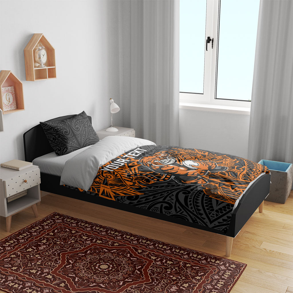 Personalized Wests Tigers Rugby Bedding Set Polynesian Tribal Tiger Warrior - Orange Black Art