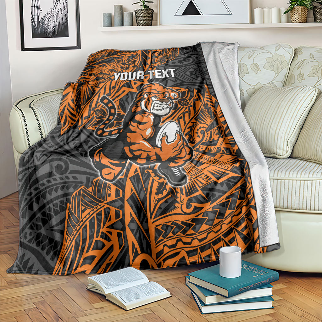 Personalized Wests Tigers Rugby Blanket Polynesian Tribal Tiger Warrior - Orange Black Art