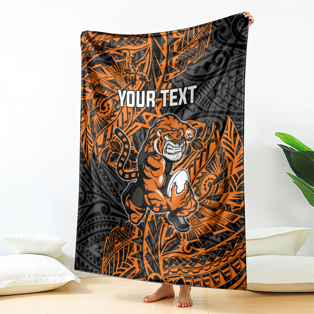Personalized Wests Tigers Rugby Blanket Polynesian Tribal Tiger Warrior - Orange Black Art