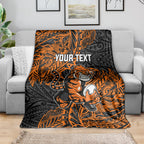 Personalized Wests Tigers Rugby Blanket Polynesian Tribal Tiger Warrior - Orange Black Art