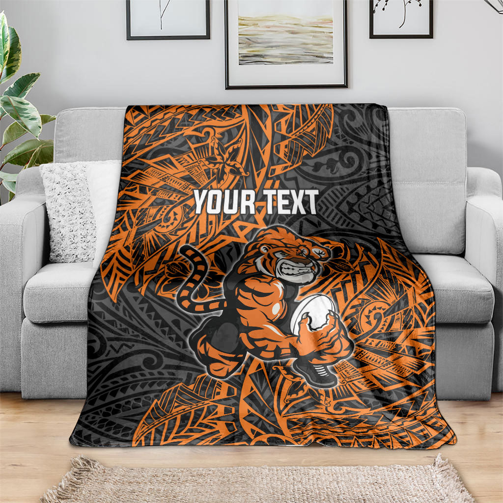 Personalized Wests Tigers Rugby Blanket Polynesian Tribal Tiger Warrior - Orange Black Art