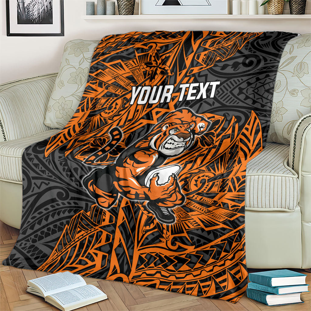 Personalized Wests Tigers Rugby Blanket Polynesian Tribal Tiger Warrior - Orange Black Art