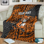Personalized Wests Tigers Rugby Blanket Polynesian Tribal Tiger Warrior - Orange Black Art