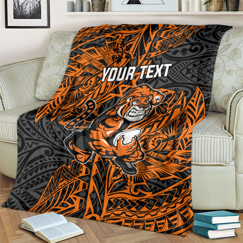Personalized Wests Tigers Rugby Blanket Polynesian Tribal Tiger Warrior - Orange Black Art