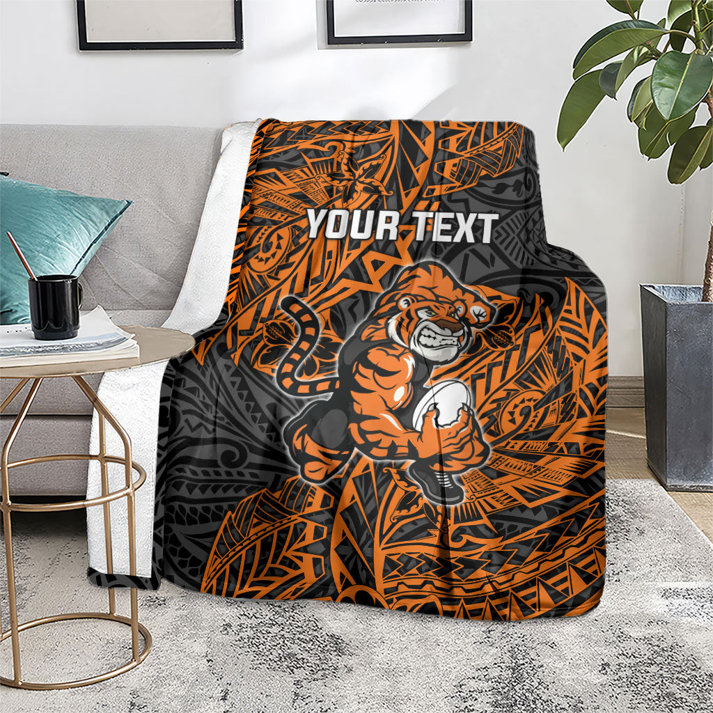 Personalized Wests Tigers Rugby Blanket Polynesian Tribal Tiger Warrior - Orange Black Art
