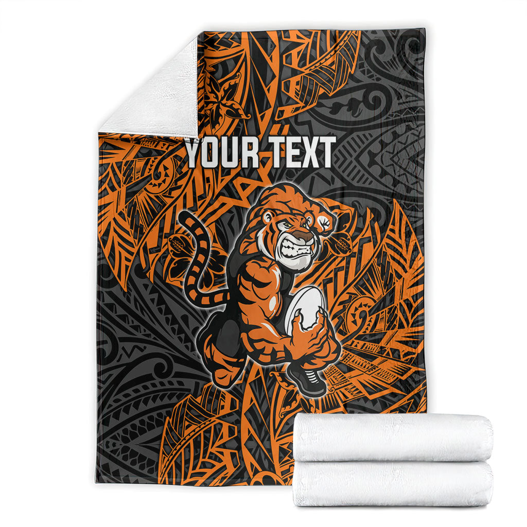 Personalized Wests Tigers Rugby Blanket Polynesian Tribal Tiger Warrior - Orange Black Art