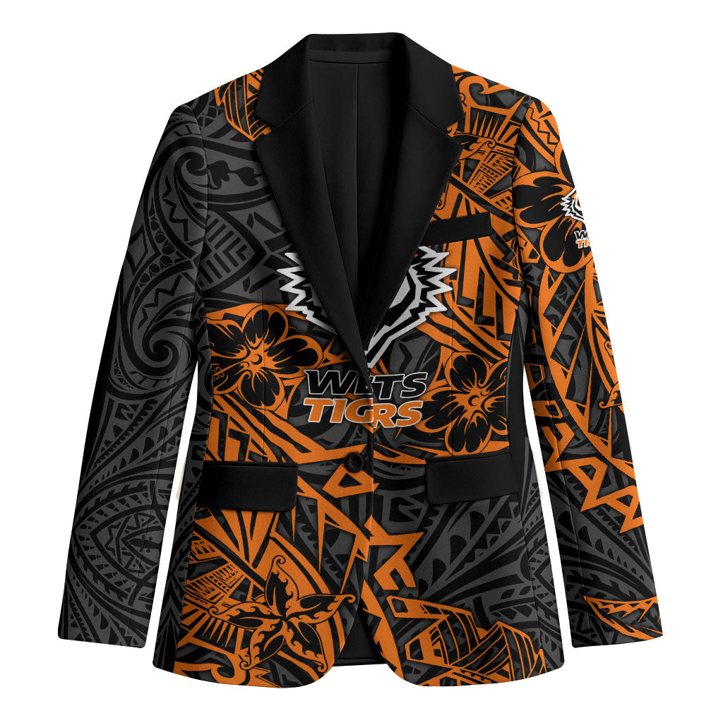 Personalized Wests Tigers Rugby Blazer Polynesian Tribal Tiger Warrior - Orange Black Art