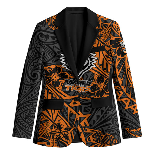 Personalized Wests Tigers Rugby Blazer Polynesian Tribal Tiger Warrior - Orange Black Art