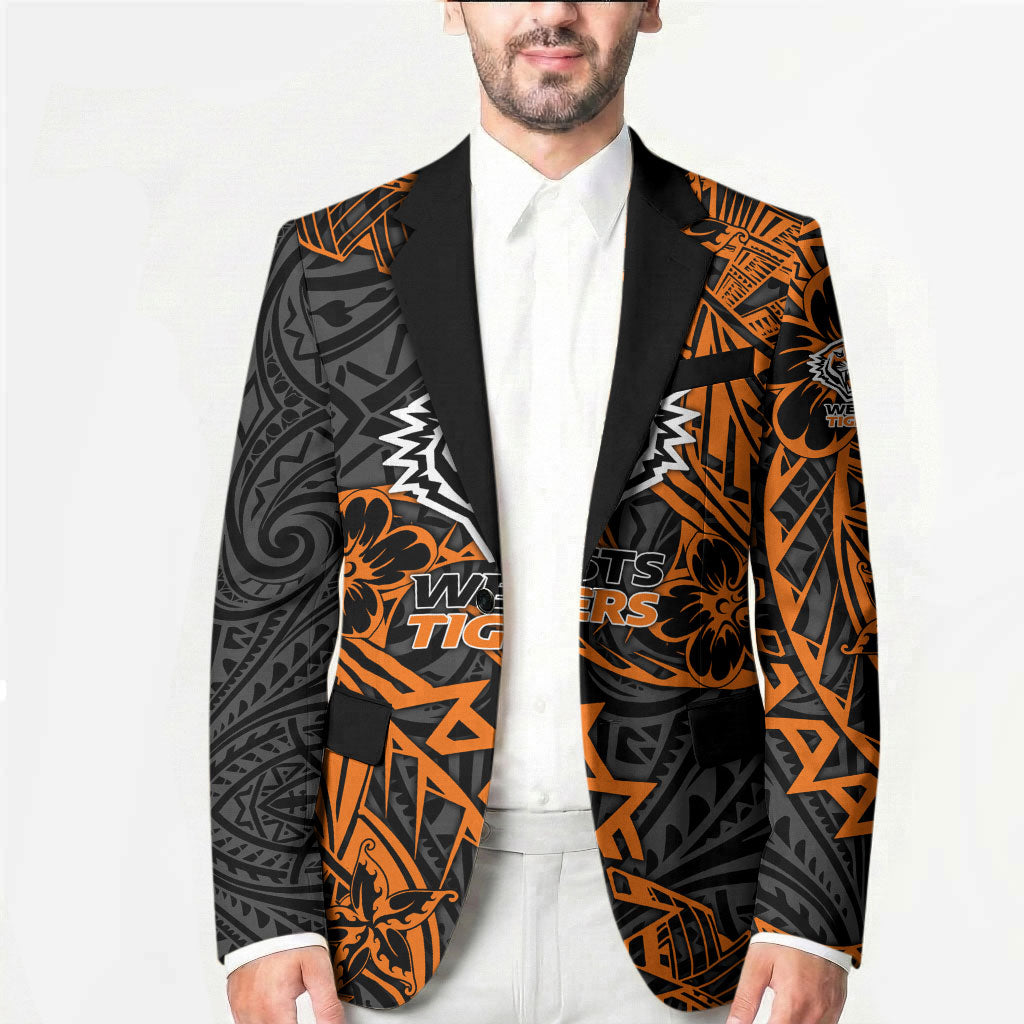 Personalized Wests Tigers Rugby Blazer Polynesian Tribal Tiger Warrior - Orange Black Art