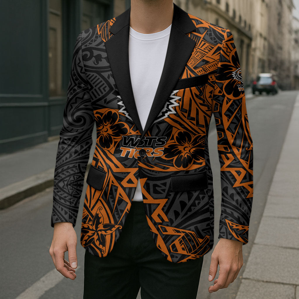Personalized Wests Tigers Rugby Blazer Polynesian Tribal Tiger Warrior - Orange Black Art