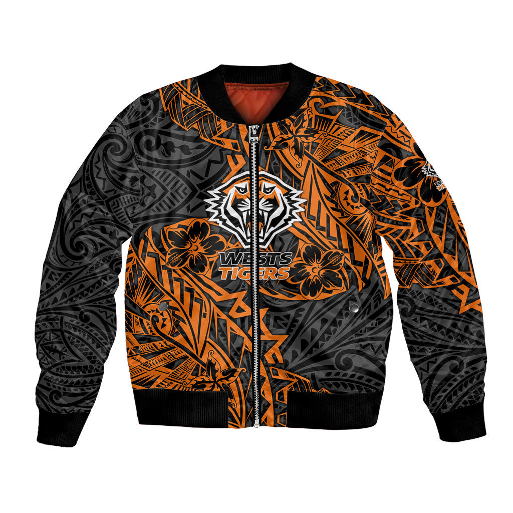 Personalized Wests Tigers Rugby Bomber Jacket Polynesian Tribal Tiger Warrior - Orange Black Art
