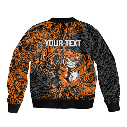 Personalized Wests Tigers Rugby Bomber Jacket Polynesian Tribal Tiger Warrior - Orange Black Art