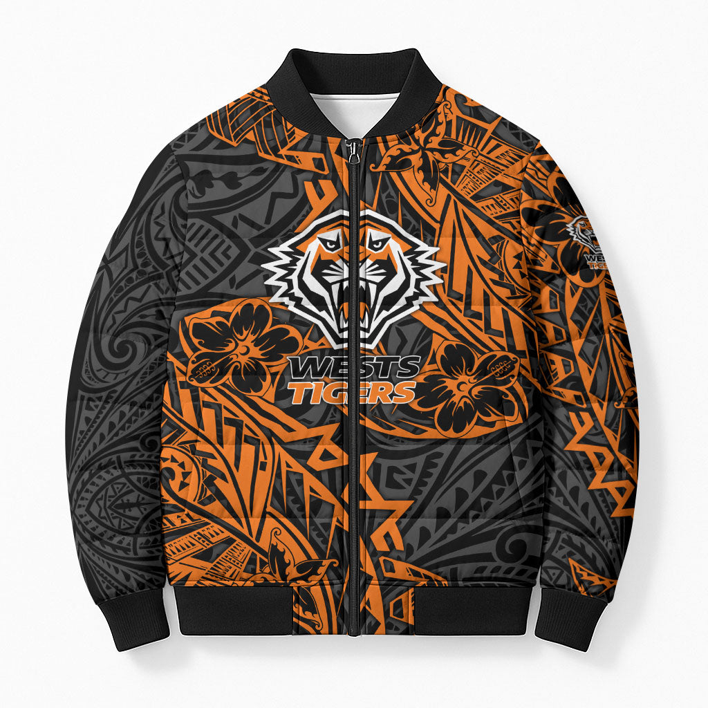 Personalized Wests Tigers Rugby Bomber Puffer Jacket Polynesian Tribal Tiger Warrior - Orange Black Art