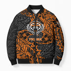 Personalized Wests Tigers Rugby Bomber Puffer Jacket Polynesian Tribal Tiger Warrior - Orange Black Art