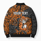 Personalized Wests Tigers Rugby Bomber Puffer Jacket Polynesian Tribal Tiger Warrior - Orange Black Art