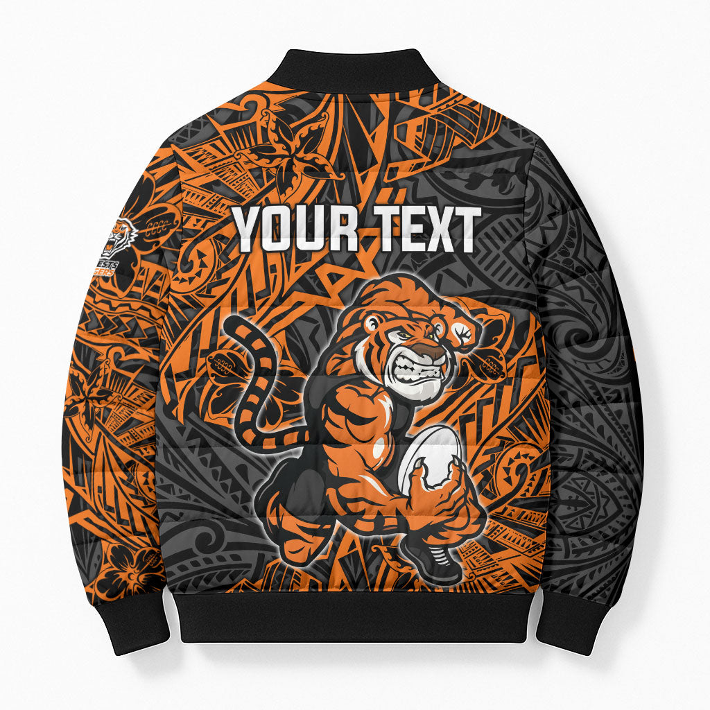 Personalized Wests Tigers Rugby Bomber Puffer Jacket Polynesian Tribal Tiger Warrior - Orange Black Art
