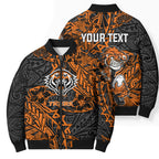 Personalized Wests Tigers Rugby Bomber Puffer Jacket Polynesian Tribal Tiger Warrior - Orange Black Art