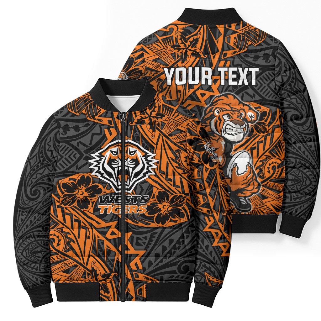 Personalized Wests Tigers Rugby Bomber Puffer Jacket Polynesian Tribal Tiger Warrior - Orange Black Art