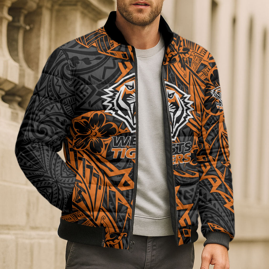 Personalized Wests Tigers Rugby Bomber Puffer Jacket Polynesian Tribal Tiger Warrior - Orange Black Art