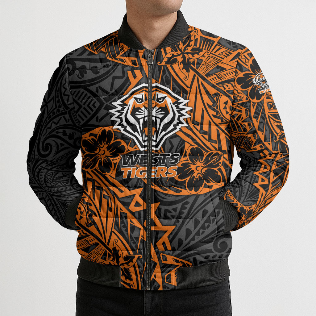 Personalized Wests Tigers Rugby Bomber Puffer Jacket Polynesian Tribal Tiger Warrior - Orange Black Art