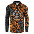 Personalized Wests Tigers Rugby Button Sweatshirt Polynesian Tribal Tiger Warrior - Orange Black Art