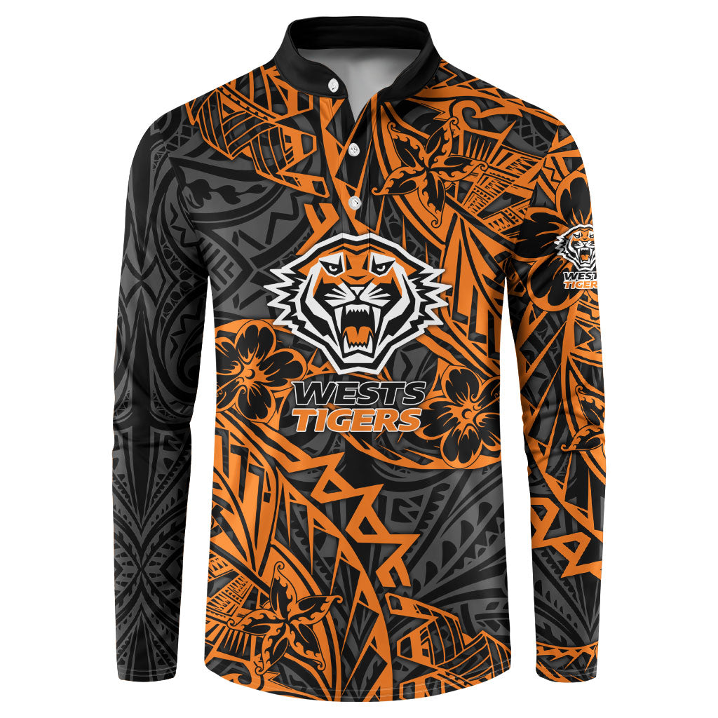 Personalized Wests Tigers Rugby Button Sweatshirt Polynesian Tribal Tiger Warrior - Orange Black Art