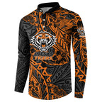 Personalized Wests Tigers Rugby Button Sweatshirt Polynesian Tribal Tiger Warrior - Orange Black Art