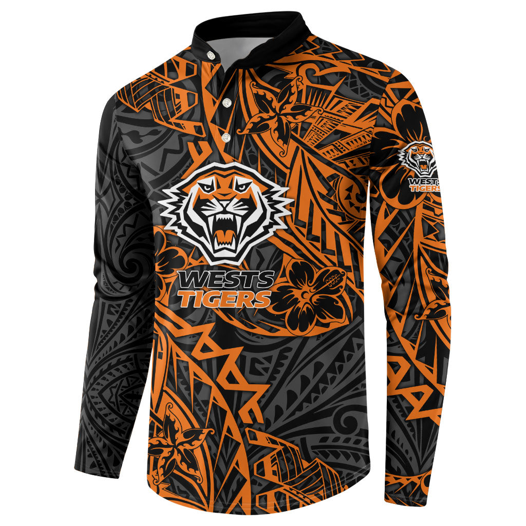 Personalized Wests Tigers Rugby Button Sweatshirt Polynesian Tribal Tiger Warrior - Orange Black Art