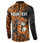 Personalized Wests Tigers Rugby Button Sweatshirt Polynesian Tribal Tiger Warrior - Orange Black Art