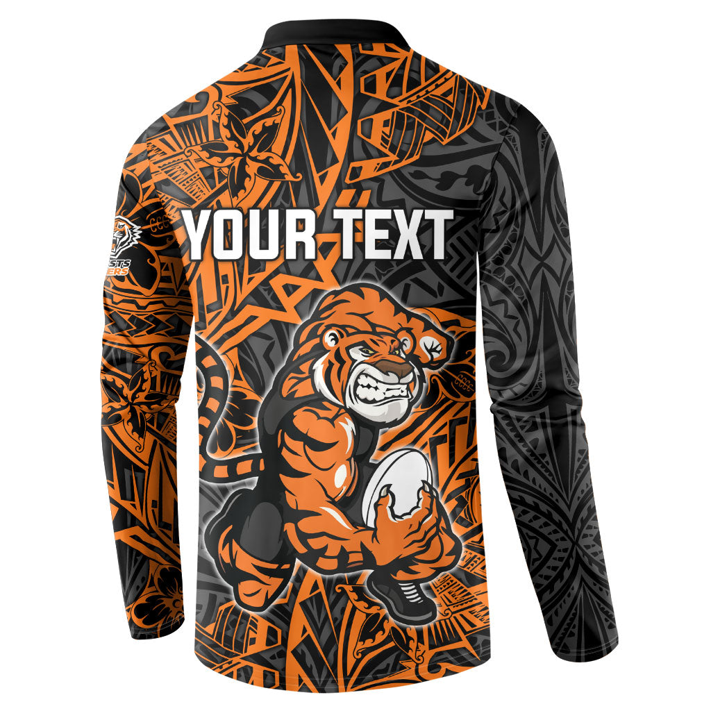 Personalized Wests Tigers Rugby Button Sweatshirt Polynesian Tribal Tiger Warrior - Orange Black Art