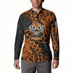 Personalized Wests Tigers Rugby Button Sweatshirt Polynesian Tribal Tiger Warrior - Orange Black Art