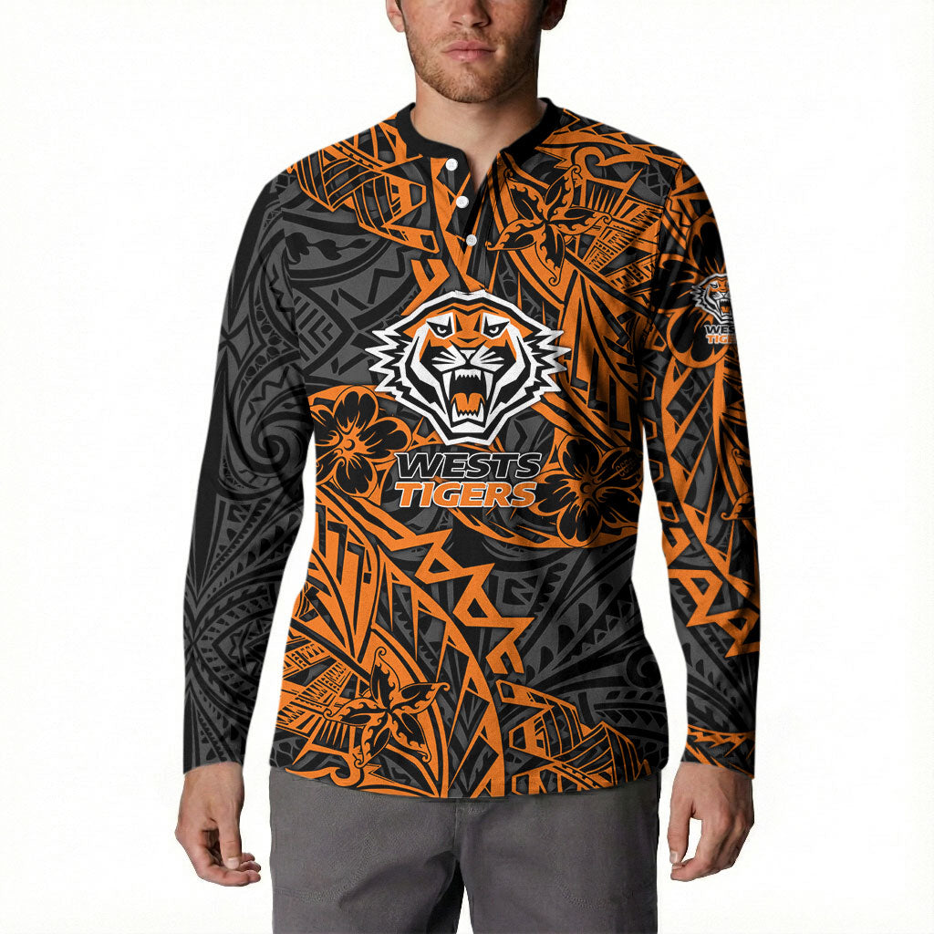 Personalized Wests Tigers Rugby Button Sweatshirt Polynesian Tribal Tiger Warrior - Orange Black Art