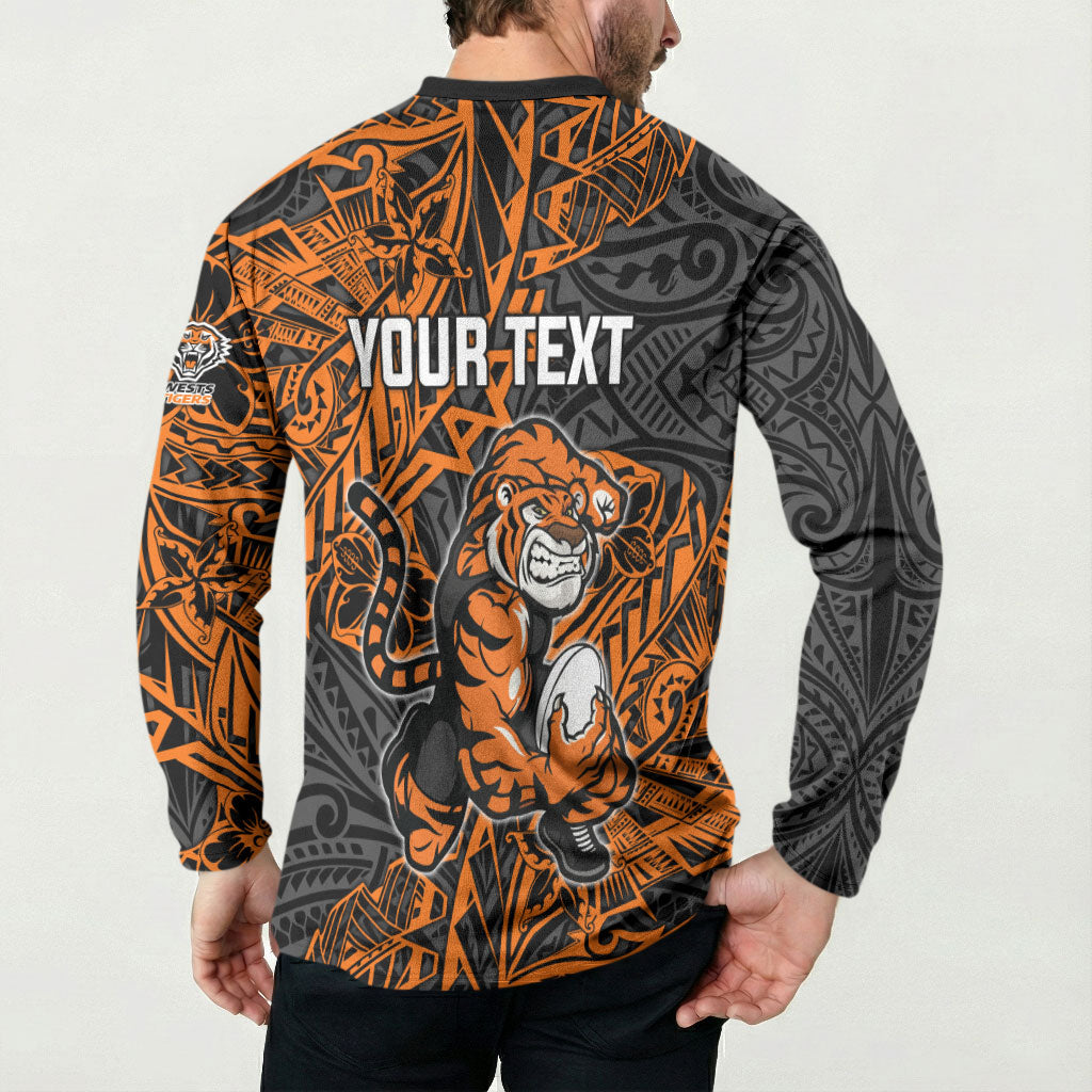 Personalized Wests Tigers Rugby Button Sweatshirt Polynesian Tribal Tiger Warrior - Orange Black Art
