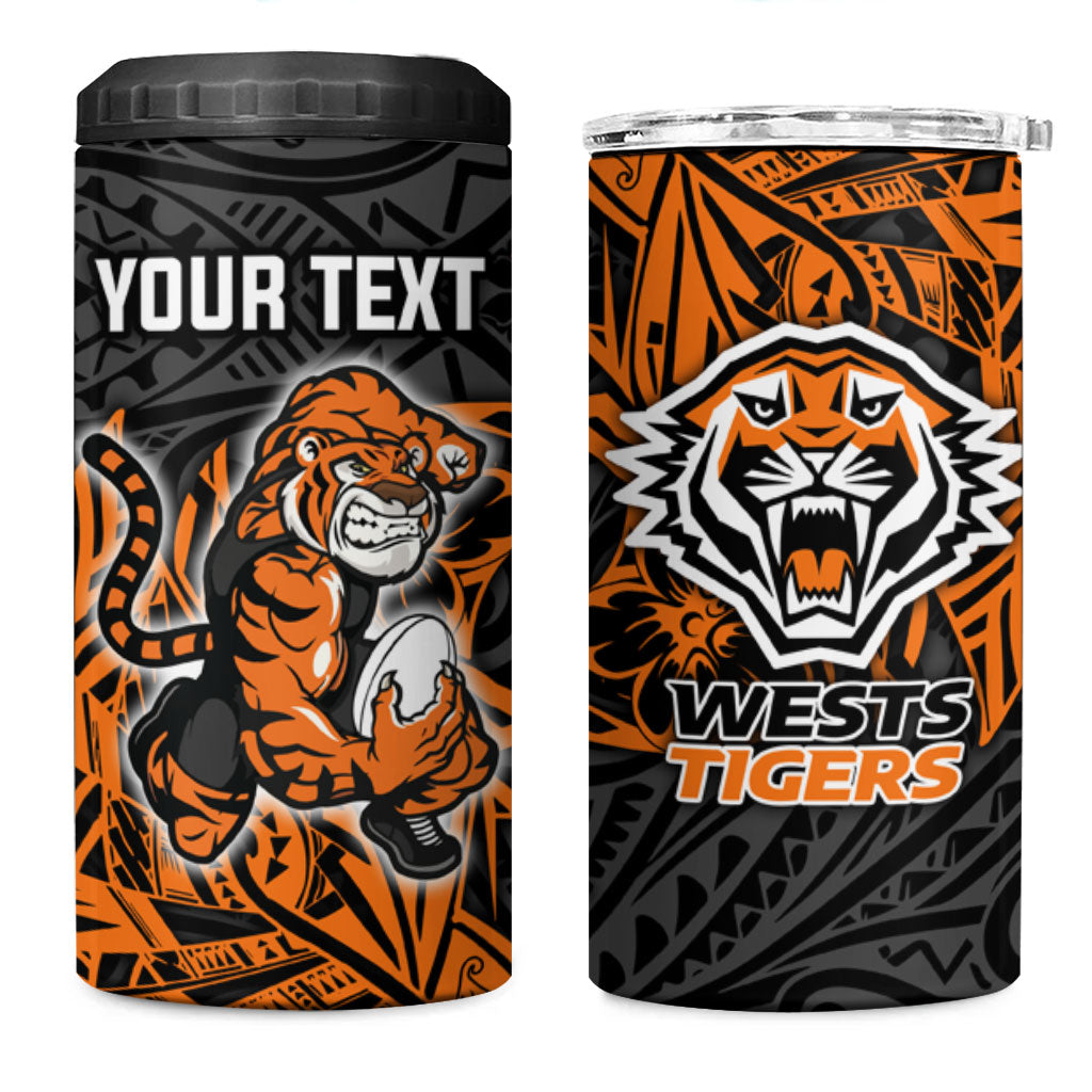 Personalized Wests Tigers Rugby 4 in 1 Can Cooler Tumbler Polynesian Tribal Tiger Warrior - Orange Black Art