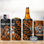 Personalized Wests Tigers Rugby 4 in 1 Can Cooler Tumbler Polynesian Tribal Tiger Warrior - Orange Black Art