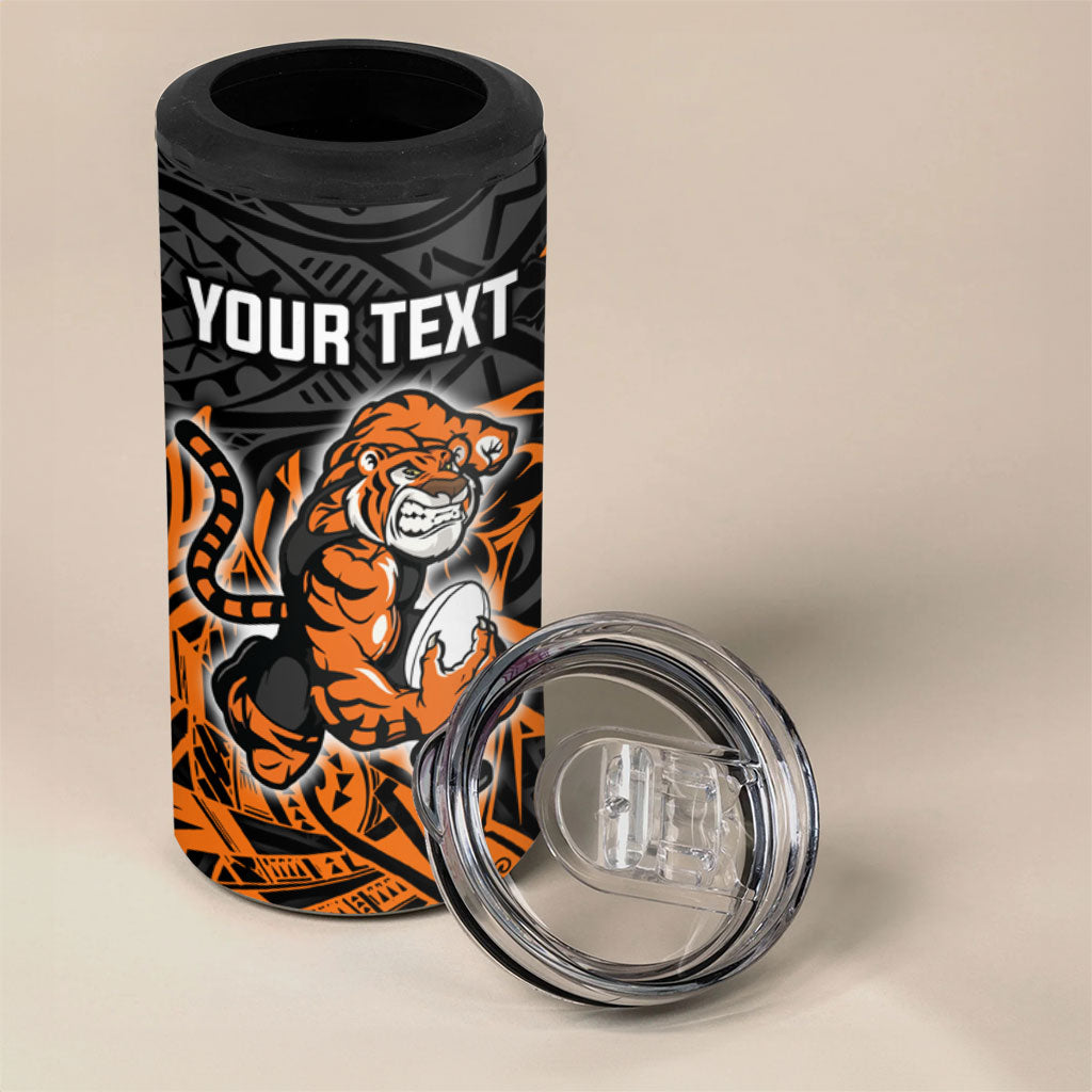 Personalized Wests Tigers Rugby 4 in 1 Can Cooler Tumbler Polynesian Tribal Tiger Warrior - Orange Black Art