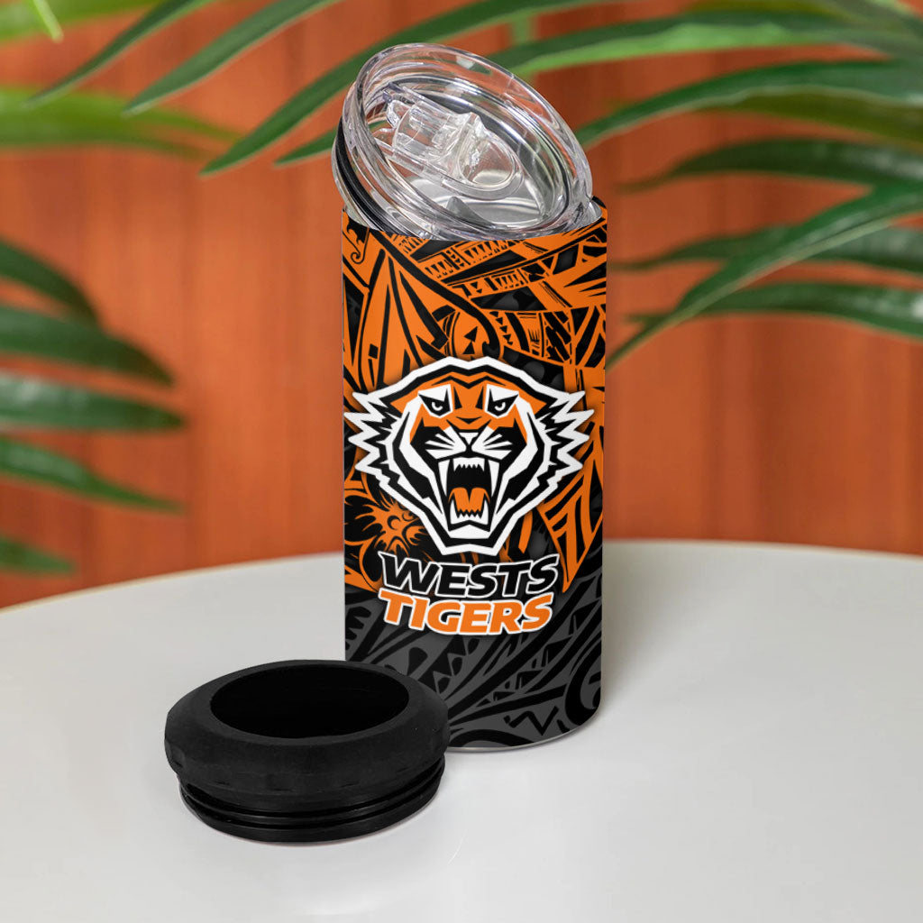 Personalized Wests Tigers Rugby 4 in 1 Can Cooler Tumbler Polynesian Tribal Tiger Warrior - Orange Black Art