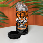 Personalized Wests Tigers Rugby 4 in 1 Can Cooler Tumbler Polynesian Tribal Tiger Warrior - Orange Black Art