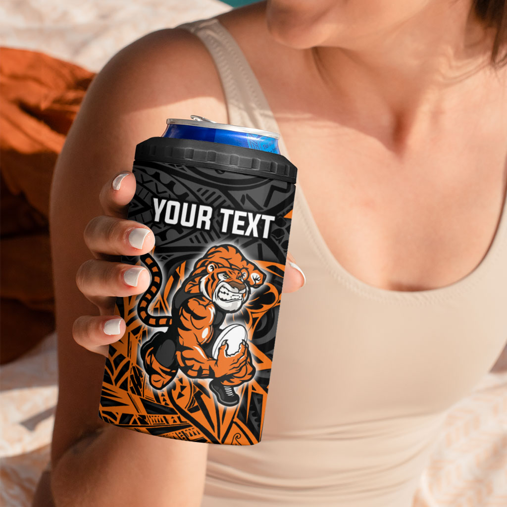 Personalized Wests Tigers Rugby 4 in 1 Can Cooler Tumbler Polynesian Tribal Tiger Warrior - Orange Black Art