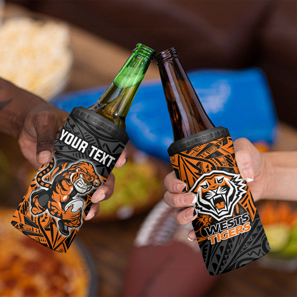 Personalized Wests Tigers Rugby 4 in 1 Can Cooler Tumbler Polynesian Tribal Tiger Warrior - Orange Black Art