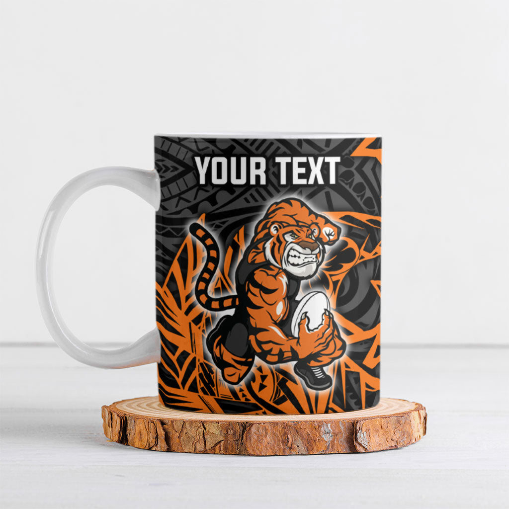 Personalized Wests Tigers Rugby Ceramic Mug Polynesian Tribal Tiger Warrior - Orange Black Art